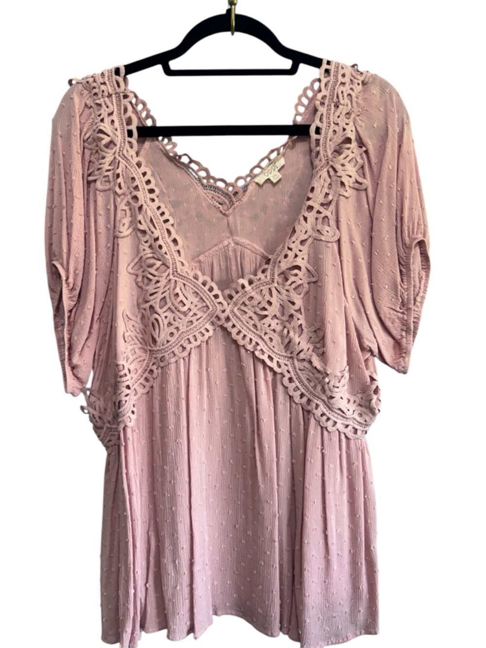 NWOT ODDI Women's Blush Pink Lace-Trim Peasant Top 2XL